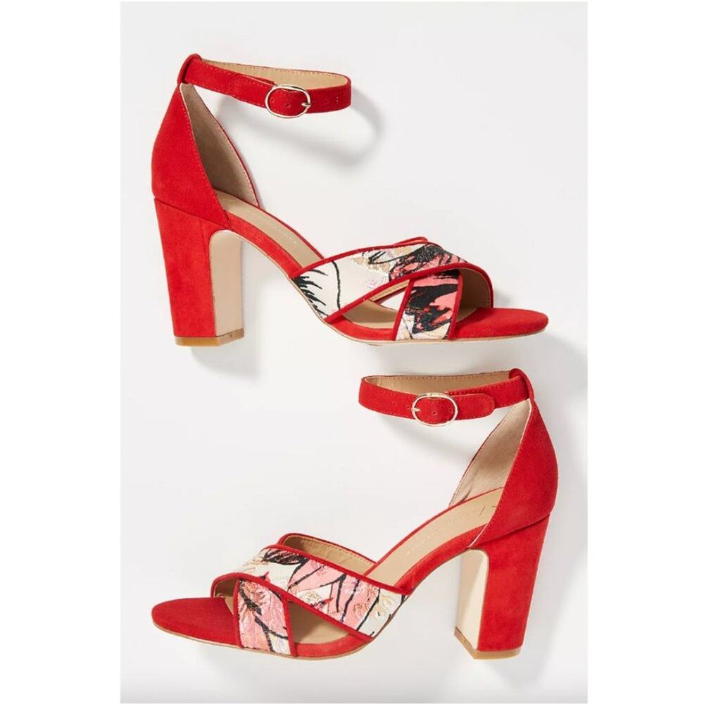 Anthropologie Impressionist Red Suede Heeled Sandals